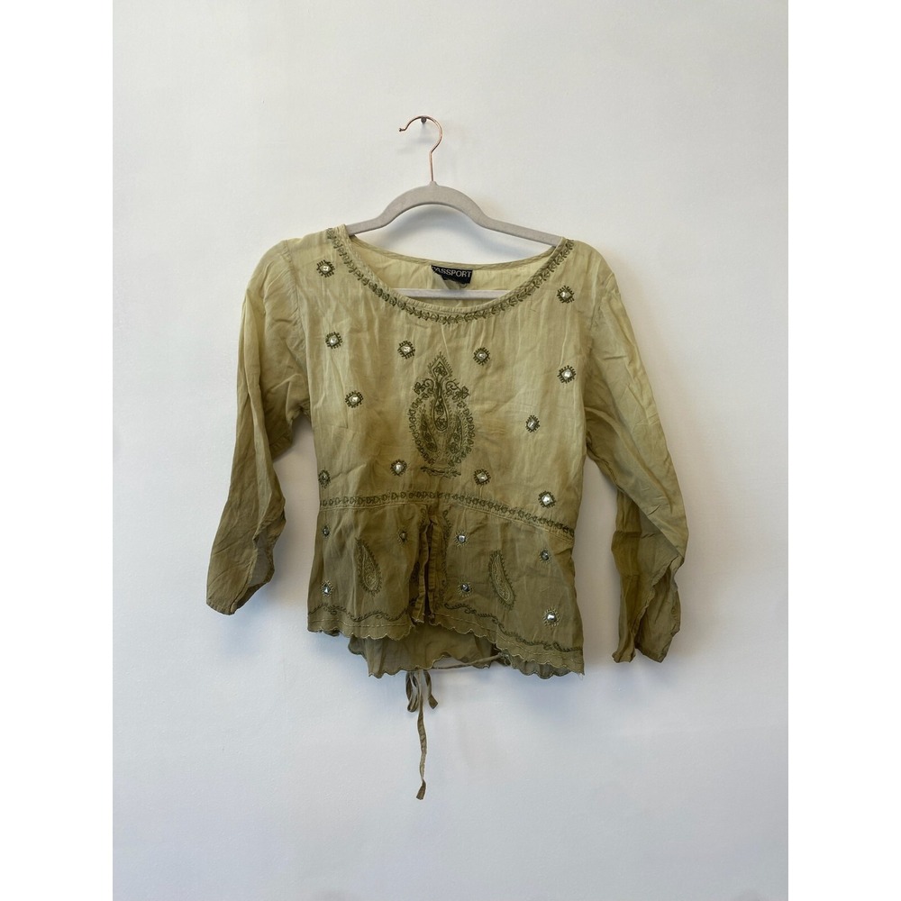 Vintage‎ 90s PASSPORT Embroidered Top Green Boho Gypsy Festival India Medium